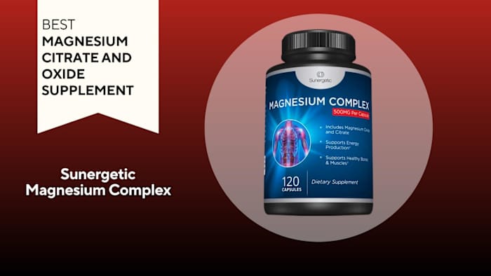 A bottle of Sunergetic Magnesium Complex, a magnesium supplement